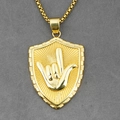 Golden shield pendant necklace with I Love You gesture relief on box chain - Gold Pendant Necklace (w2430) / Gold Style