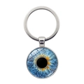Macro detail of silver-toned metal keychain featuring a vivid blue eye iris pattern charm - Dark Blue Iris Style (XSWX9226-7)