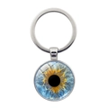 Detailed close-up of a silver zinc alloy keychain with a blue glass evil eye pendant - Blue-Yellow Iris Style (XSWX9226-6)