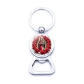 Polished metal keychain bottle opener featuring a Virgin of Guadalupe and rose motif - Guadalupe Virgin Red Rose Style (XSWX9265-12)