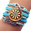 Close-up of sky blue multilayer braided bracelet with infinity, love, and dartboard charms - Flame Pattern Dartboard Style (XSWX9257-6)