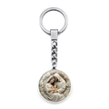 Religious Holy Family metal keychain with silver flower border and vintage round pendant - Creamy White Holy Family Relief Style (XSWX9263-3)