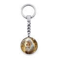 Detailed view of silver religious keychain featuring Virgin Mary and baby Jesus pendant - Starlight Embellished Madonna and Child Illustration Style (XSWX9263-11)