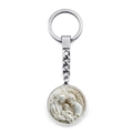 Macro detail of the religious Holy Family relief on the round silver metal keychain - Fine Polished Holy Family Relief Style (XSWX9263-9)