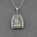 Silver stainless steel pendant featuring golden Manjusri Bodhisattva on a box chain - Akasagarbha Pendant with Chain