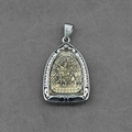 Buddhist pendant featuring golden protector deity on lion with silver arch frame - Dorje Shugden Pendant Only (Without Chain)