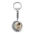 Rotating crescent moon keychain featuring a silver vintage Holy Family religious relief - Vintage Holy Family Style (XSWX9255-5)