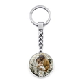 Silver metal keychain featuring a double-sided Holy Family pendant with floral accents - Flourishing Flowers Holy Family Painted Style (XSWX9263-6)