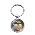 Détail du porte-clés rond en verre avec cochon blanc de dessin animé et anneau argent - Signe du Zodiaque Chinois Cochon (XSWX9287-12)