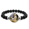 Bracelet élastique à billes noires avec breloque petit chien blanc et perles argentées - Zodiaque - Chien