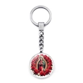 Silver metal keychain with religious Virgin Mary pendant and red rose floral design - Deep Red Rose Praying Madonna Colored Style (XSWX9263-12)