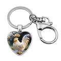 Silver heart keychain featuring rooster zodiac pendant with lobster clasp and ring - Rooster (XSWX9283-10)