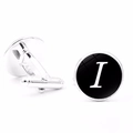 Polished silver cufflinks featuring a modern black disc with white letter I - Letter I