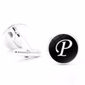 Detailed view of silver mens cufflinks with letter P design and classic bullet back closure - Letter P