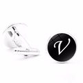Detail of silver round cufflinks with black letter V design for French shirts - Letter V