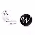Detailed view of silver letter W cufflinks with polished finish and black enamel round face - Letter W