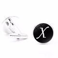 Silver cufflinks with black round inlay featuring white script letter X and bullet back - Letter X