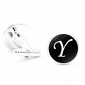 Detailed view of silver cufflinks with black alphabet Y and polished glass dome - Letter Y