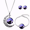 Detailed view of howling wolf moon necklace jewelry set with purple galaxy patterns - Dark Purple Starry Sky (XHTZ0105)