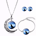 Detailed close-up of howling wolf moon glass gem necklace, bracelet and earring set - Moon Howling Wolf Shadow (XHTZ0109)