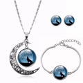 Detailed set of silver crescent wolf necklace, bracelet and earrings with glass dome art - Silver Moon Wolf Trace (XHTZ0110)