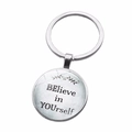 Macro detail of silver keychain with BElieve in YOUrself motivational quote and glass dome - BElieve in YOUrself Style (XHYSK0992-5)