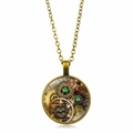 Collier pendentif engrenage steampunk vintage avec chaîne bronze et gemmes vertes - Style Engrenage Bronze (XTS2712) / Bronze