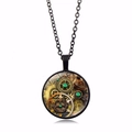 Collier steampunk avec engrenages en bronze et pierres vertes dans un pendentif en verre - Style Engrenage Noir (XTS2714) / Noir