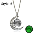 Detailed view of silver crescent moon necklace with green luminous glow in the dark effect - Yg0338-6