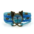 Bracciale multistrato in pelle blu intrecciata con ciondoli a libellula, farfalla e infinito - Blu