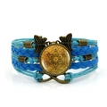 Bracelet Metatron Cube vintage avec couches de cuir tressé bleu et breloques en bronze - Bleu