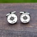 Close-up of vintage compass cufflinks with personalized H and M initials on wood - Compass H+M Custom Style (2)
