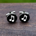 Men's polished round cufflinks with white sixteenth music note pattern on black background - Sixteenth Note Style