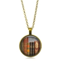 Vintage library book glass gem pendant necklace with bronze chain and classic book pattern - Bronze
