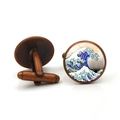 Boutons de manchette La Grande Vague de Kanagawa en bronze avec dôme en verre - Cuivre rouge antique