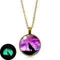 Luminous howling wolf glass pendant necklace with bronze chain and green glow feature - Howling Wolf Starry Sky (S10181) / Bronze