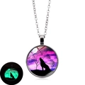 Luminous howling wolf glass pendant necklace with glowing effect and silver chain - Howling Wolf Sunset (S10182) / Silver