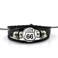 Detail view of multi-layer braided leather bracelet with vintage Route 66 glass charm - Red Blue Shield Logo Style (ABXL369-1)