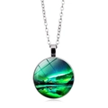 Northern lights themed glass pendant necklace with green aurora landscape and silver chain - Aurora Mountain Lake Style (ABXL351-5)