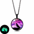 Luminous howling wolf pendant necklace with glowing purple moonlight glass dome - Moonlight Wolf Shadow (S10183) / Black