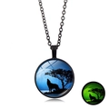 Luminous howling wolf glass pendant necklace with moonlit forest scene and green glow effect - Blue Moonlight Howling Wolf (XSWX6032-3) / Black