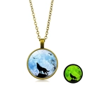 Luminous howling wolf glass pendant necklace with bronze retro finish and green glow - Full Moon Howling Wolf (XSWX6032-4) / Bronze