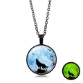 Luminous howling wolf glass cabochon pendant necklace with glow in the dark effect - Deep Night Howling Wolf (XSWX6032-4) / Black
