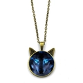 Gothic wolf head pendant necklace with blue eyes and bronze wolf ear charm chain - Blue Eye Black Wolf Style (ABXL708) / Bronze