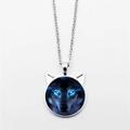 Wolf head pendant necklace with icy blue eyes and silver metal chain jewelry - Blue Eye Black Wolf Style (ABXL708) / Silver