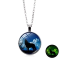 Luminous howling wolf glass dome pendant necklace with green glow in the dark effect - Starry Sky Howling Wolf (XSWX6032-1) / Silver