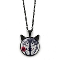 Detailed close-up of a black wolf head glass pendant with a red rose and cat ears frame - Wolf and Red Rose Style (XSWX2649) / Black