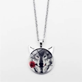 Detailed macro view of silver wolf totem pendant with red rose and cat ear frame necklace - Wolf and Red Rose Style (XSWX2649) / Silver