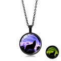 Luminous howling wolf glass necklace with black alloy chain showing green glow effect - Purple Howling Wolf (XSWX6032-5) / Black