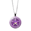 Macro shot of Triple Moon Goddess necklace with rotating glass dome and pentagram charm - Purple Nebula Pentagram Style (ABXL913-1)